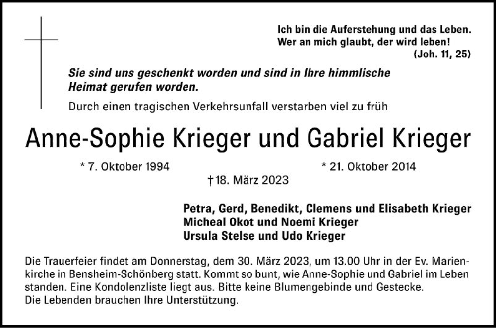  Traueranzeige für Gabriel Krieger vom 25.03.2023 aus Bergsträßer Anzeiger