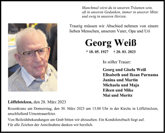 Traueranzeige von Georg Weiß von Fränkische Nachrichten