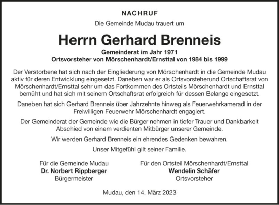 Traueranzeige von Gerhard Brenneis von Fränkische Nachrichten