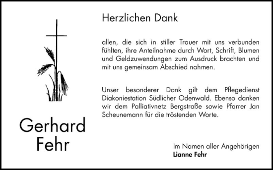 Traueranzeige von Gerhard Fehr von Bergsträßer Anzeiger