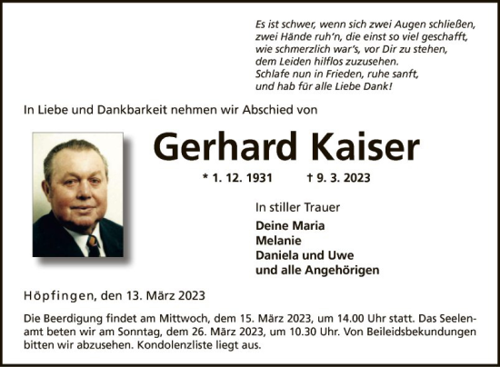 Traueranzeige von Gerhard Kaiser von Fränkische Nachrichten