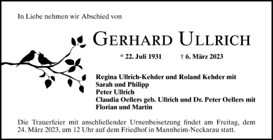 Traueranzeige von Gerhard Ullrich von Mannheimer Morgen