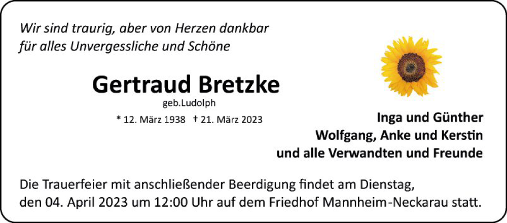  Traueranzeige für Gertraud Bretzke vom 01.04.2023 aus Mannheimer Morgen
