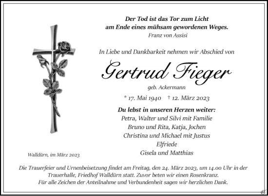 Traueranzeige von Gertrud Fieger von Fränkische Nachrichten