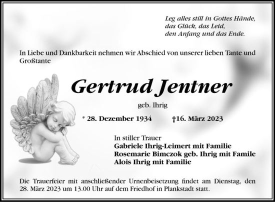 Traueranzeige von Gertrud Jentner von Schwetzinger Zeitung