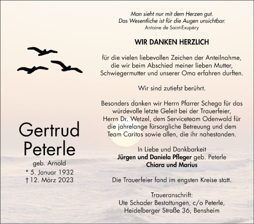  Traueranzeige für Gertrud Peterle vom 01.04.2023 aus Bergsträßer Anzeiger