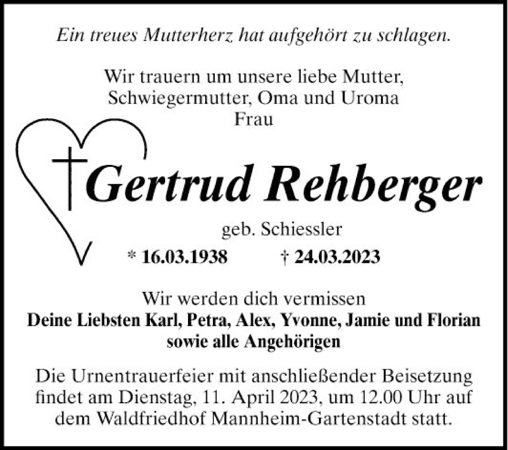  Traueranzeige für Gertrud Rehberger vom 01.04.2023 aus Mannheimer Morgen