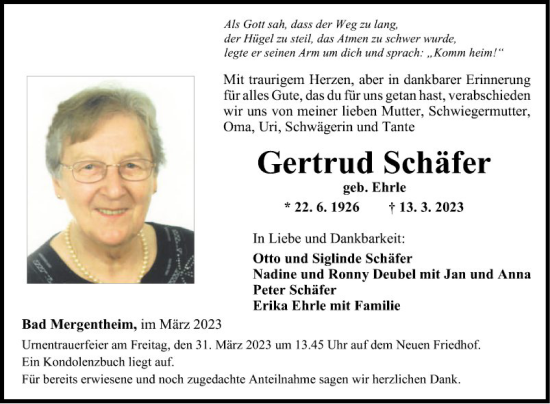 Traueranzeige von Gertrud Schäfer von Fränkische Nachrichten