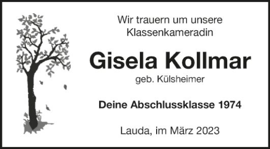 Traueranzeige von Gisela Kollmar von Fränkische Nachrichten