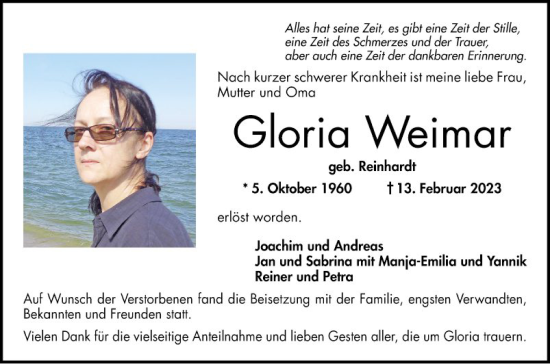 Traueranzeige von Gloria Weimar von Bergsträßer Anzeiger