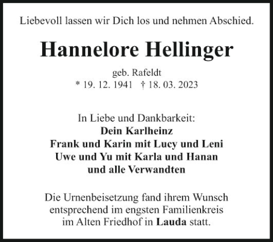 Traueranzeige von Hannelore Hellinger von Fränkische Nachrichten