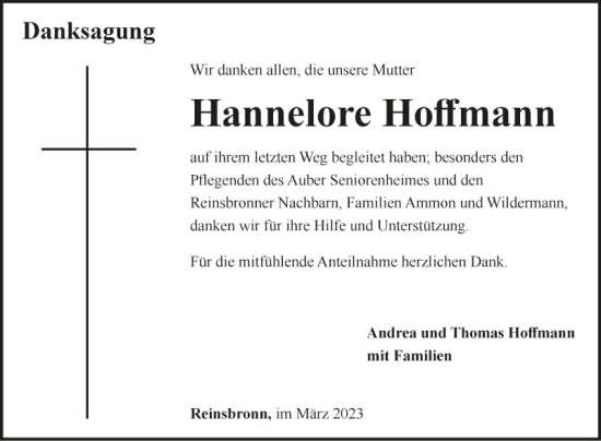 Traueranzeige von Hannelore Hoffmann von Fränkische Nachrichten