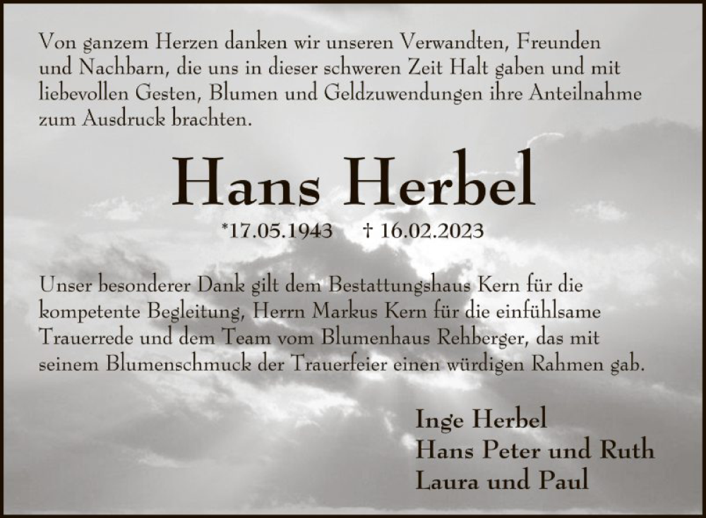  Traueranzeige für Hans Herbel vom 01.04.2023 aus Mannheimer Morgen