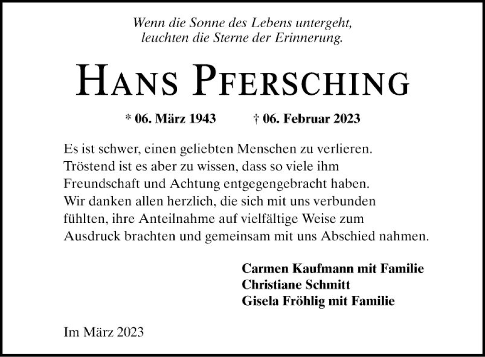  Traueranzeige für Hans Pfersching vom 11.03.2023 aus Mannheimer Morgen