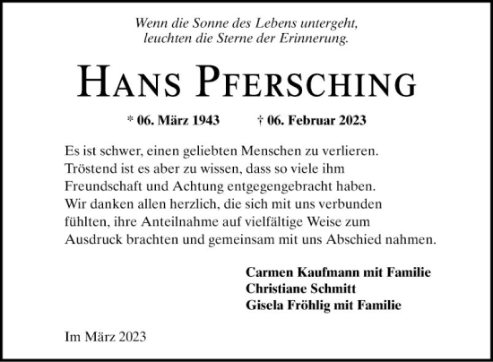 Traueranzeige von Hans Pfersching von Mannheimer Morgen