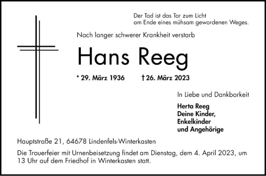 Traueranzeige von Hans Reeg von Bergsträßer Anzeiger