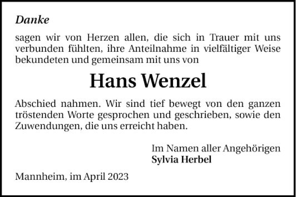  Traueranzeige für Hans Wenzel vom 01.04.2023 aus Mannheimer Morgen