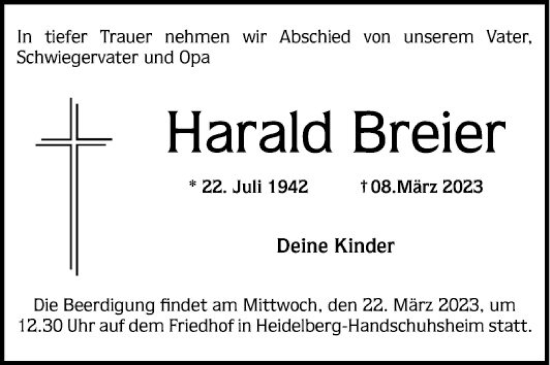 Traueranzeige von Harald Breier von Mannheimer Morgen