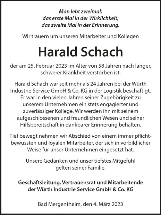 Traueranzeige von Harald Schach von Fränkische Nachrichten