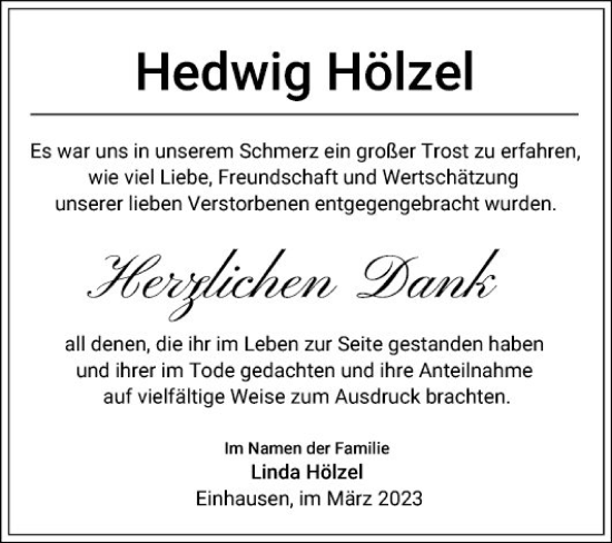 Traueranzeige von Hedwig Hölzel von Bergsträßer Anzeiger