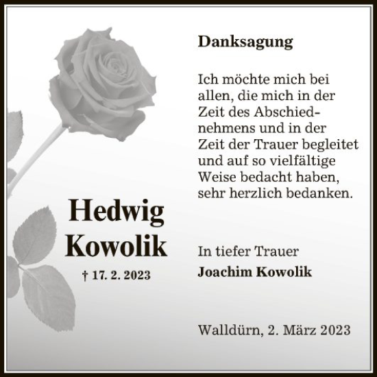 Traueranzeige von Hedwig Kowolik von Fränkische Nachrichten