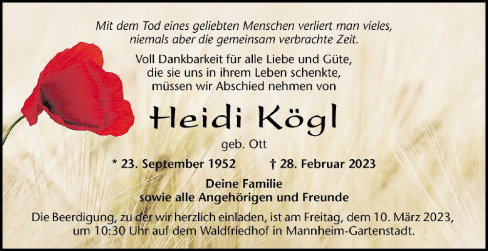  Traueranzeige für Heidi Kögl vom 04.03.2023 aus Mannheimer Morgen