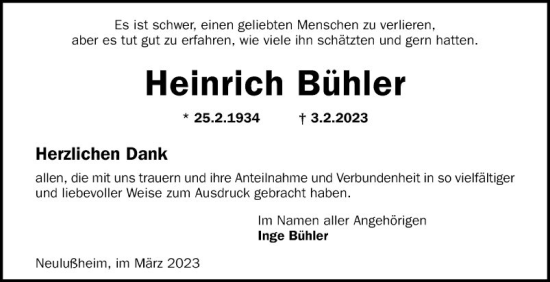 Traueranzeige von Heinrich Bühler von Schwetzinger Zeitung