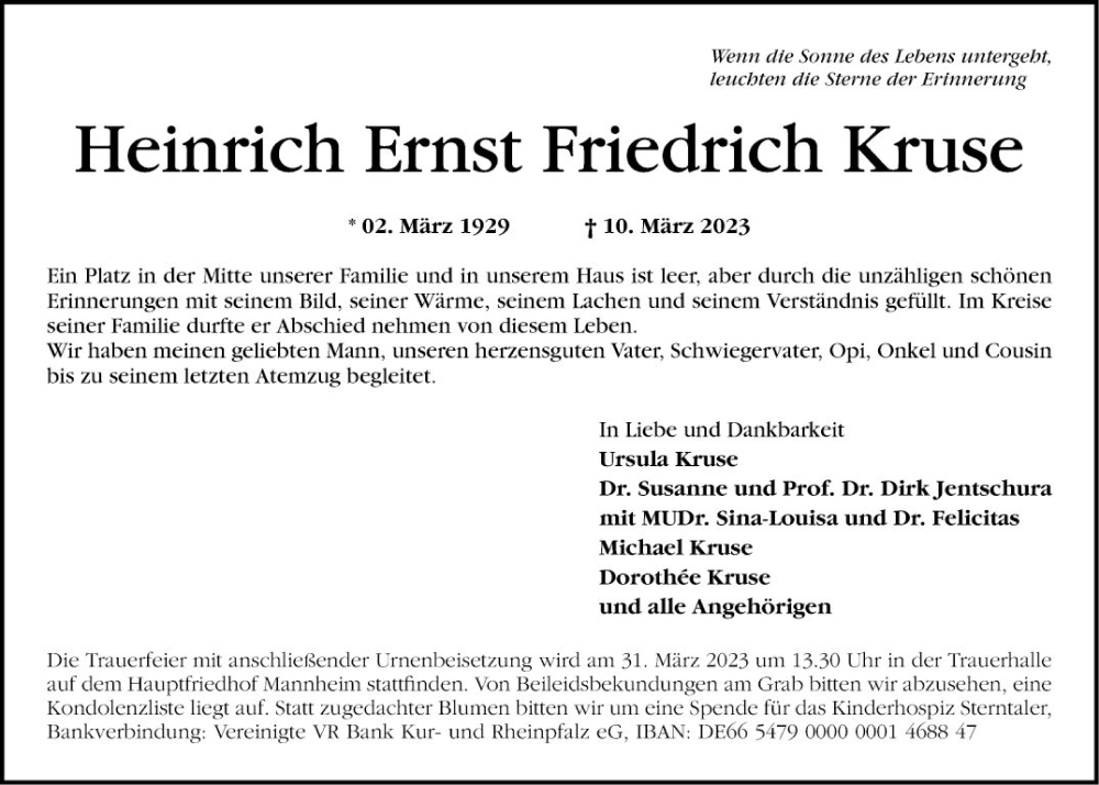  Traueranzeige für Heinrich Ernst Friedrich Kruse vom 18.03.2023 aus Mannheimer Morgen