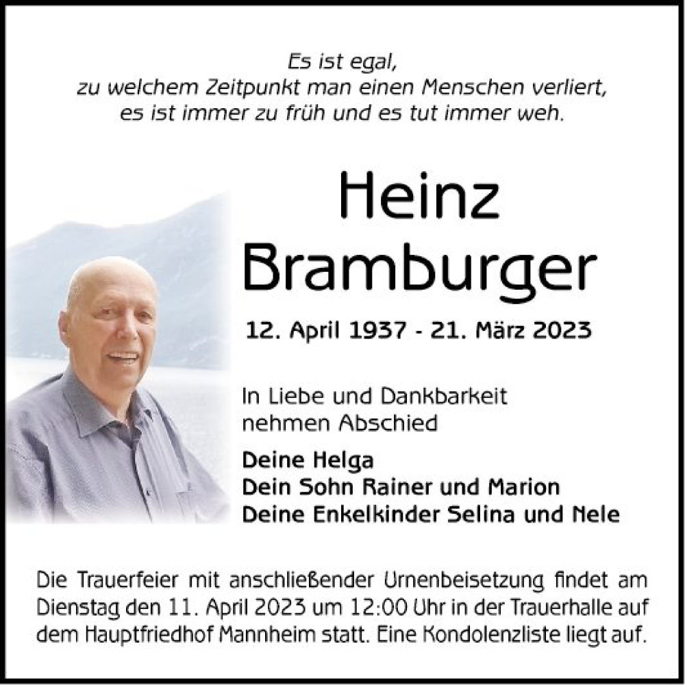  Traueranzeige für Heinz Bramburger vom 01.04.2023 aus Mannheimer Morgen