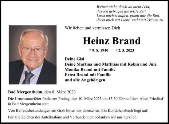 Traueranzeige von Heinz Brand von Fränkische Nachrichten