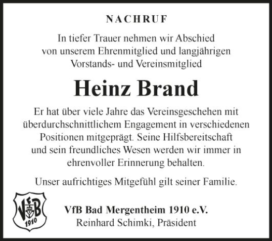 Traueranzeige von Heinz Brand von Fränkische Nachrichten