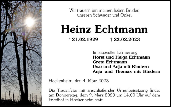 Traueranzeige von Heinz Echtmann von Schwetzinger Zeitung