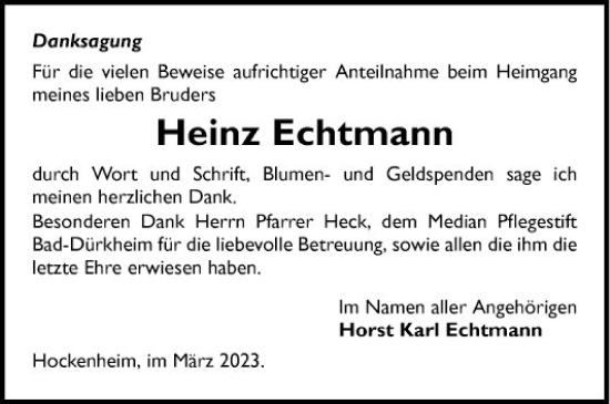 Traueranzeige von Heinz Echtmann von Schwetzinger Zeitung