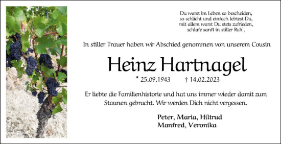 Traueranzeige von Heinz Hartnagel von Bergsträßer Anzeiger