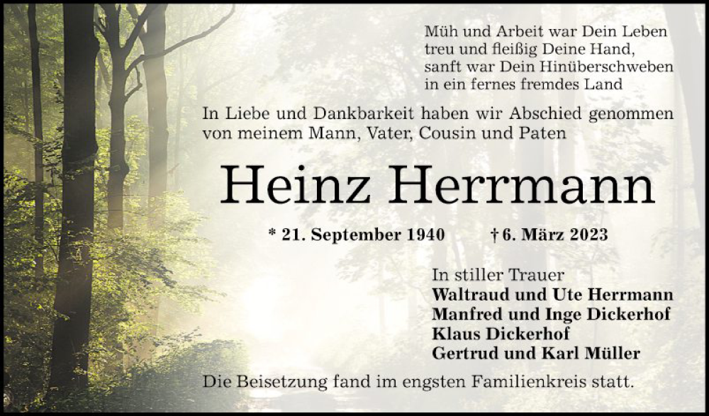  Traueranzeige für Heinz Herrmann vom 25.03.2023 aus Bergsträßer Anzeiger