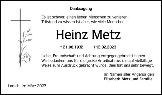 Traueranzeige von Heinz Metz von Bergsträßer Anzeiger