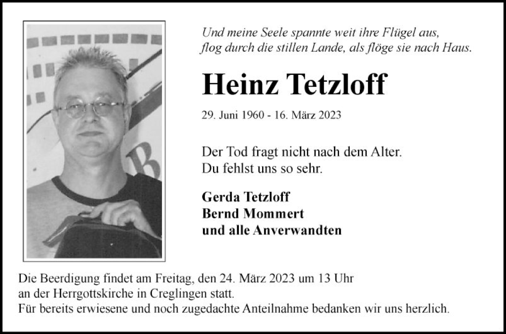  Traueranzeige für Heinz Tetzloff vom 22.03.2023 aus Fränkische Nachrichten