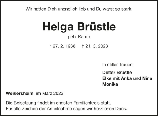 Traueranzeige von Helga Brüstle von Fränkische Nachrichten