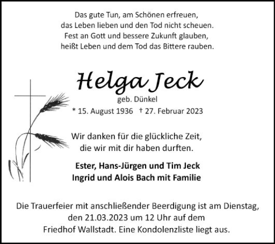 Traueranzeige von Helga Jeck von Mannheimer Morgen