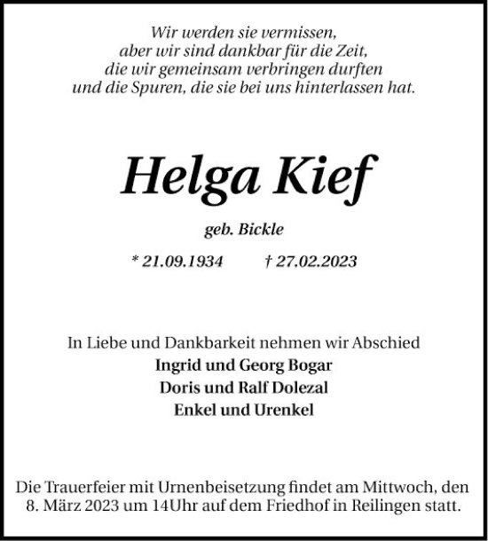 Traueranzeige von Helga Kief von Schwetzinger Zeitung