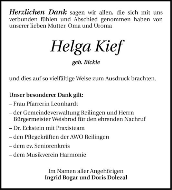 Traueranzeige von Helga Kief von Schwetzinger Zeitung