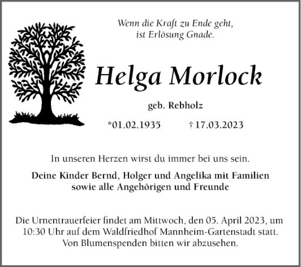 Traueranzeige für Helga Morlock vom 01.04.2023 aus Mannheimer Morgen