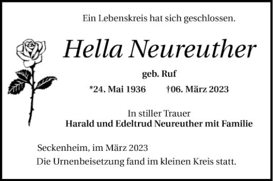 Traueranzeige von Hella Neureuther von Mannheimer Morgen