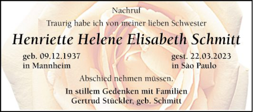  Traueranzeige für Henriette Helene Elisabeth Schmitt vom 01.04.2023 aus Mannheimer Morgen
