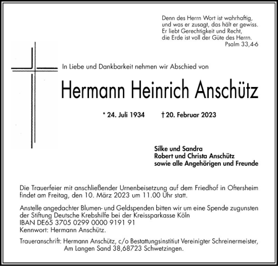 Traueranzeige von Hermann Heinrich Anschütz von Schwetzinger Zeitung