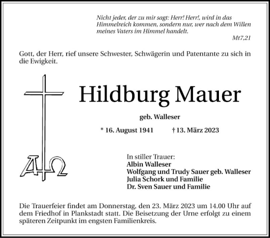 Traueranzeige von Hildburg Mauer von Schwetzinger Zeitung