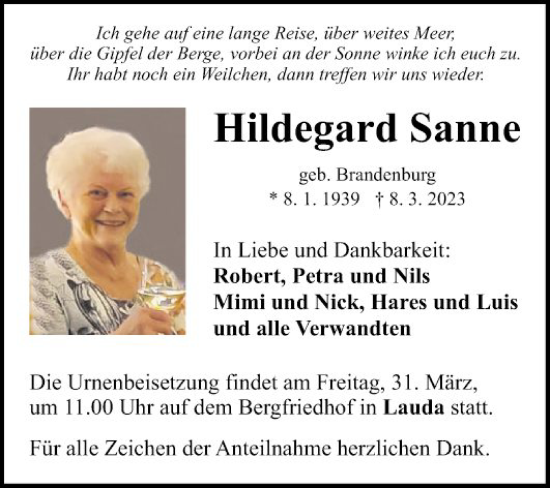 Traueranzeige von Hildegard Sanne von Fränkische Nachrichten