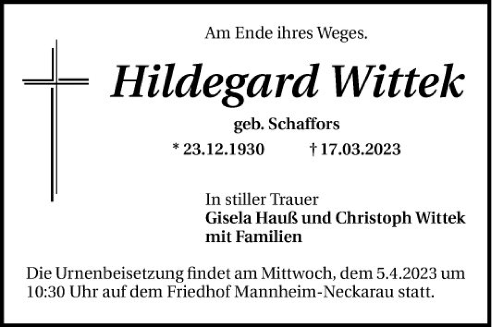  Traueranzeige für Hildegard Wittek vom 01.04.2023 aus Mannheimer Morgen