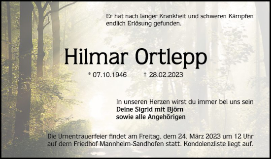 Traueranzeige von Hilmar Ortlepp von Mannheimer Morgen