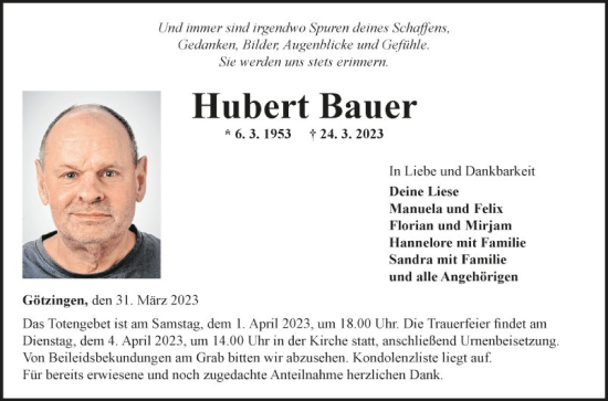 Traueranzeige von Hubert Bauer von Fränkische Nachrichten